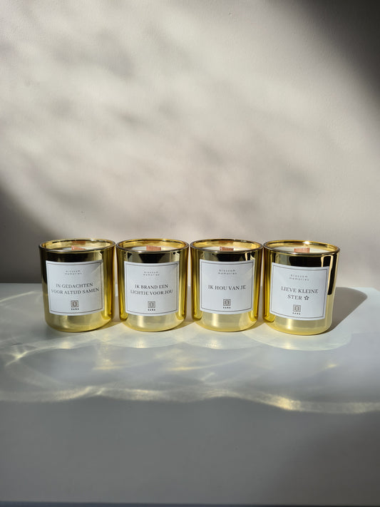 Kaars goud troostcadeau herdenkingskaars wood wick cadeau begrafenis verdriet herdenken sterrenkindje dood