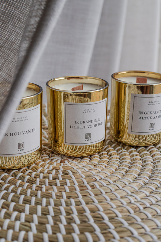 kaars goud herdenkingskaars dood rouw geliefde rouwcadeau geschenk ik denk aan je ik hou van je geurkaars kaars