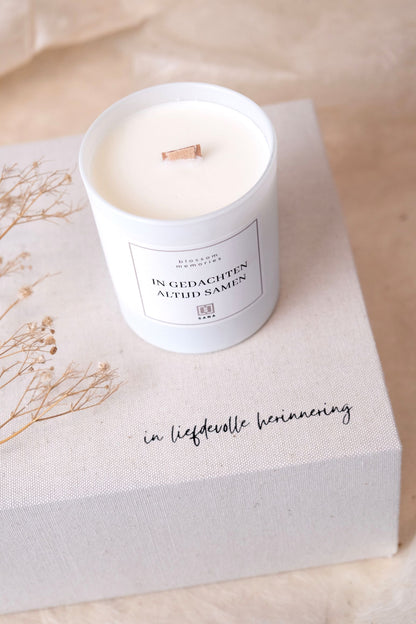 giftbox persoonlijk uniek troost cadeau linnen herinneringsdoos geurkaars geschenk overlijden rouw fotolijstje