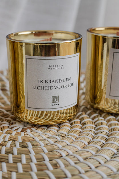 kaars goud herdenkingskaars dood rouw geliefde rouwcadeau geschenk ik brand een lichtje voor jou geurkaars kaars 