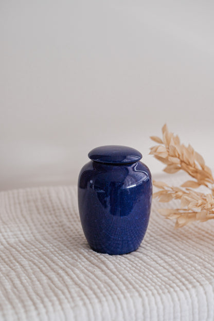 kleine mini blauwe urn keramiek voor mens en dier en familie urn